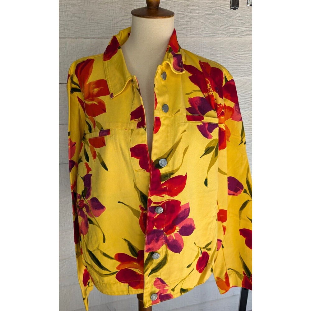 Chicos Size 2 Yellow Floral Long Sleeve Cotton Denim Jean Jacket